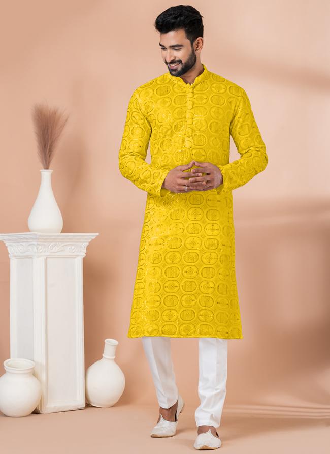 Viscose Yellow Festival Wear Sequins Work Readymade Kurta Pajama